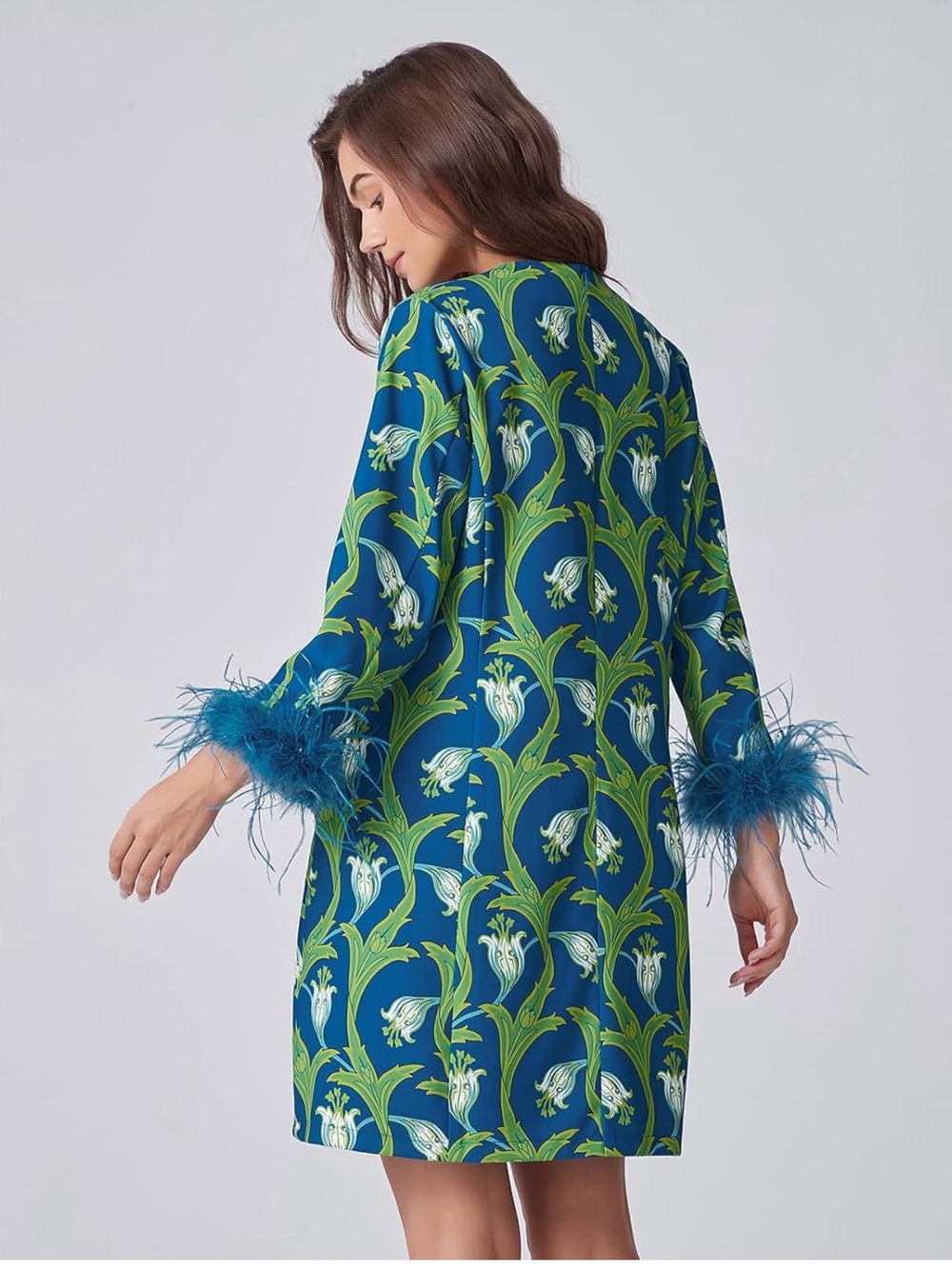 NWOT Blue & Green Floral Shift Dress with Feather-Trim Cuffs - Size Medium - Picture 5 of 5